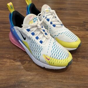 Nike Kids Air Max 270 White, Blue, and Yellow Sneakers